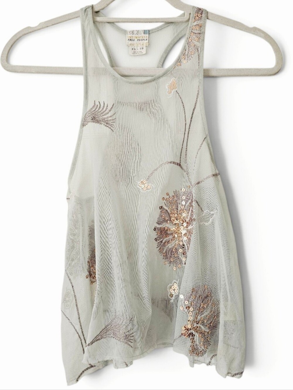 Free People Intimately Boho Sheer Racerback Tank Floral Sequin Embroidery, XS